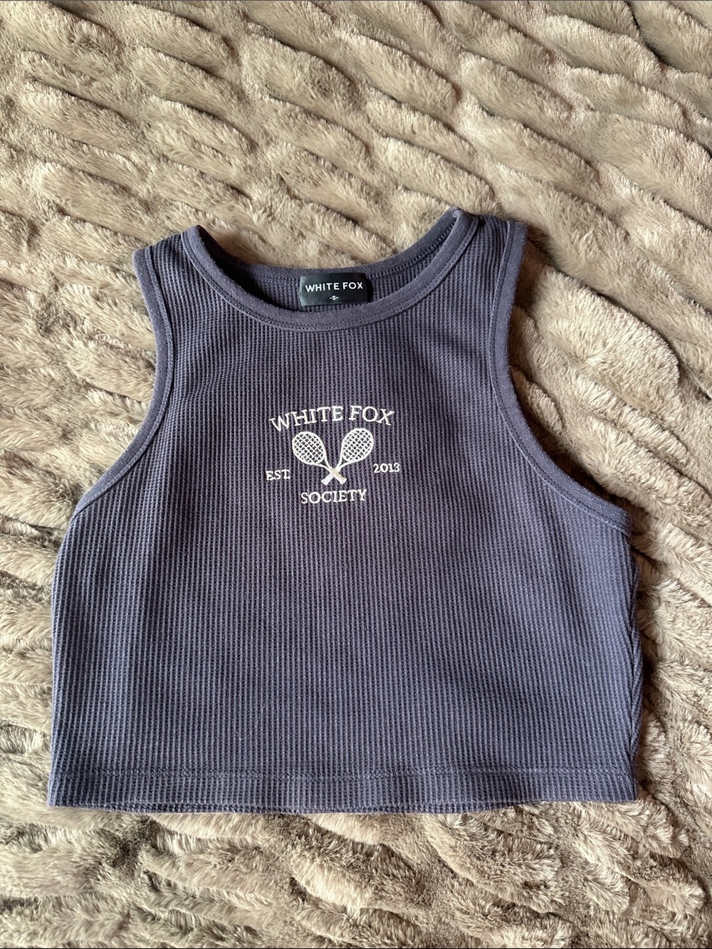 White Fox Boutique gray Ribbed Cropped Tank with White Tennis Logo